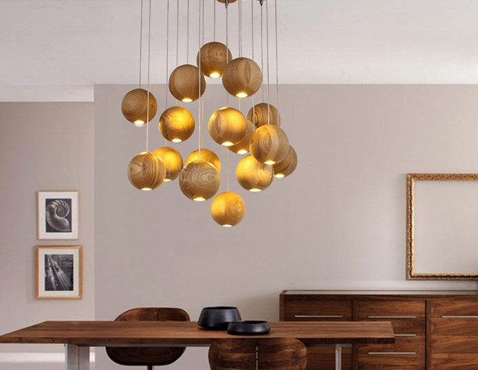 Nordic Solid Wood Ball Chandelier – Living & Dining Room Lamp